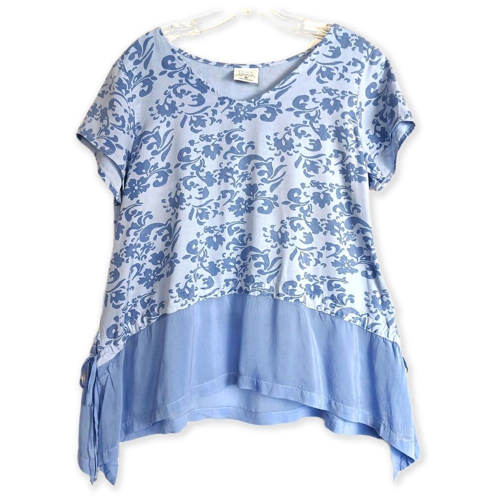 Click by CMC Blue Toile Floral Tencel Rayon Tunic Sharkbite Hem Lagenlook Size M